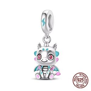 925 Sterling Silver Dragon Charm Bracelet Pendant Enameled Colors Detail Kawaii